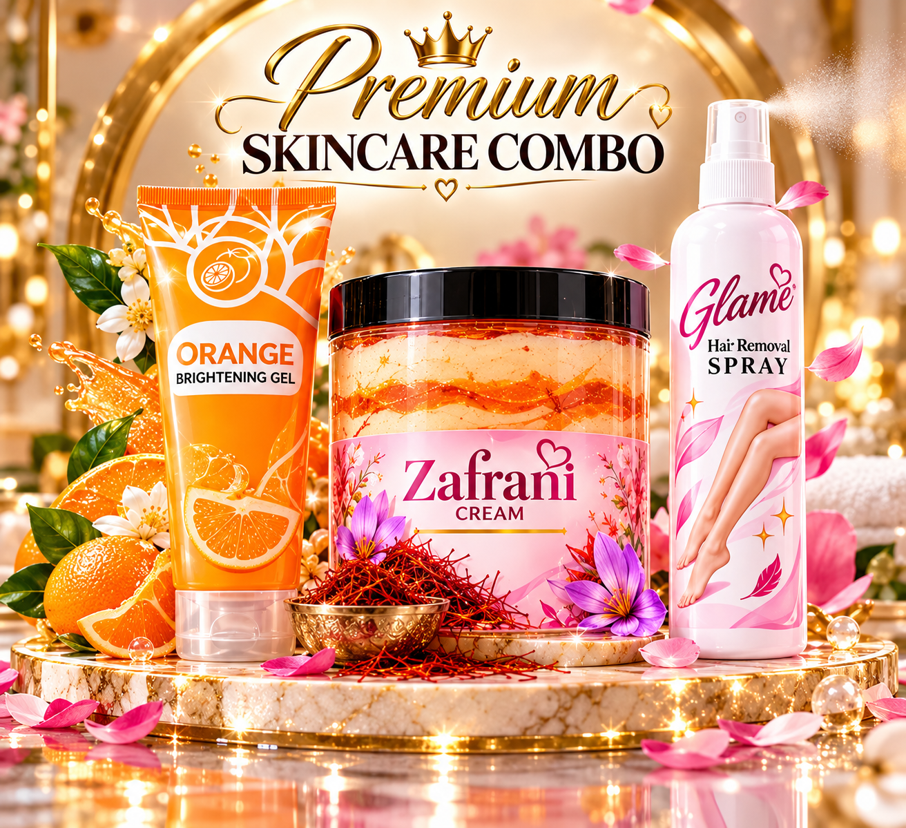 Premium 3-in-1 Skincare Combo -🍊 Orange Enzyme Exfoliating Gel 🌸 LadyLove Zafrani Cream 500g ✨ Glame Hair Removal Spray 140ml