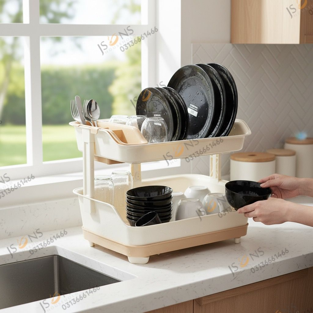 2 Tier Kitchen Dish Drying Rack with Drain Tray & Cutlery Holder