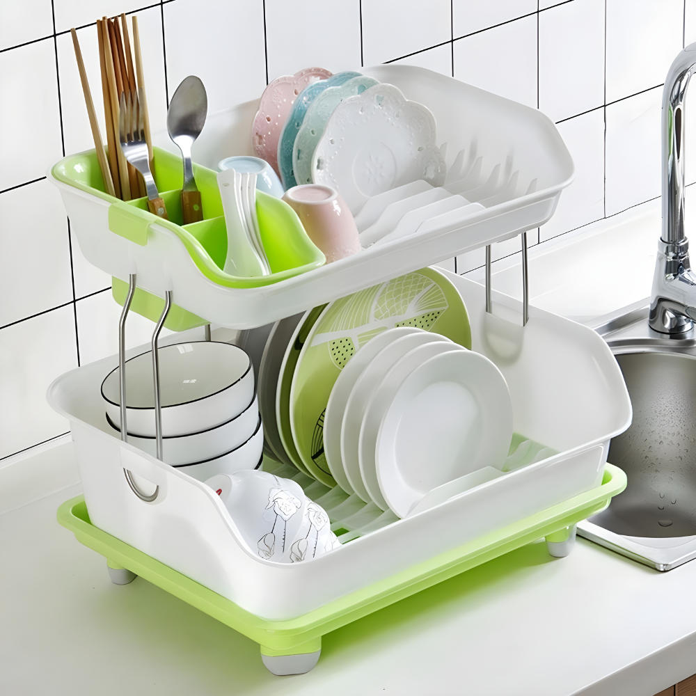 2 Tier Kitchen Dish Drying Rack with Drain Tray & Cutlery Holder