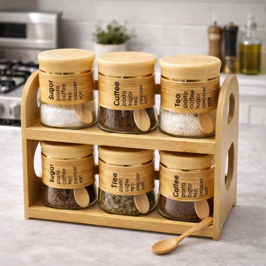 6-Piece Glass Spice Jar Set with Wooden Stand & Bamboo Lids