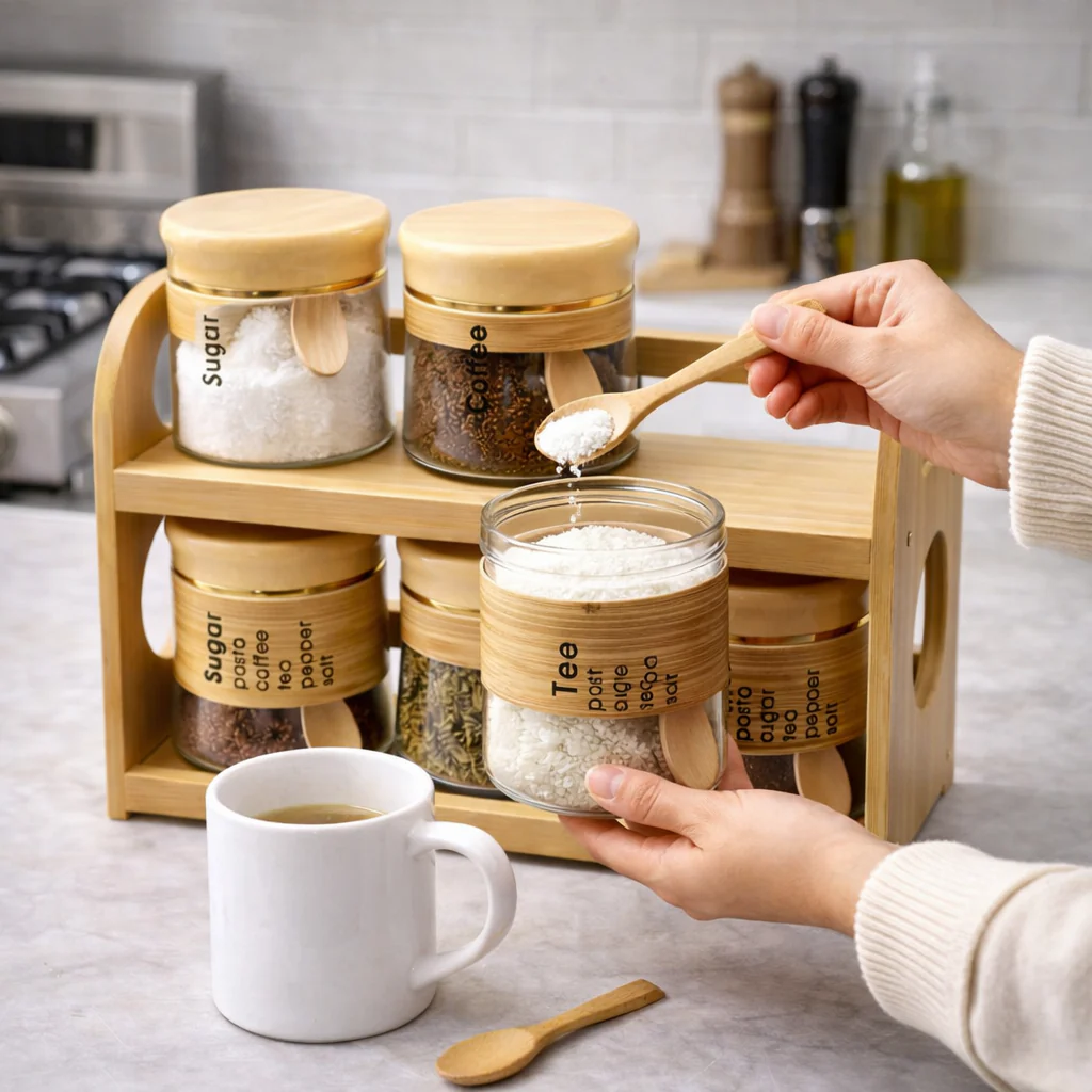 6-Piece Glass Spice Jar Set with Wooden Stand & Bamboo Lids