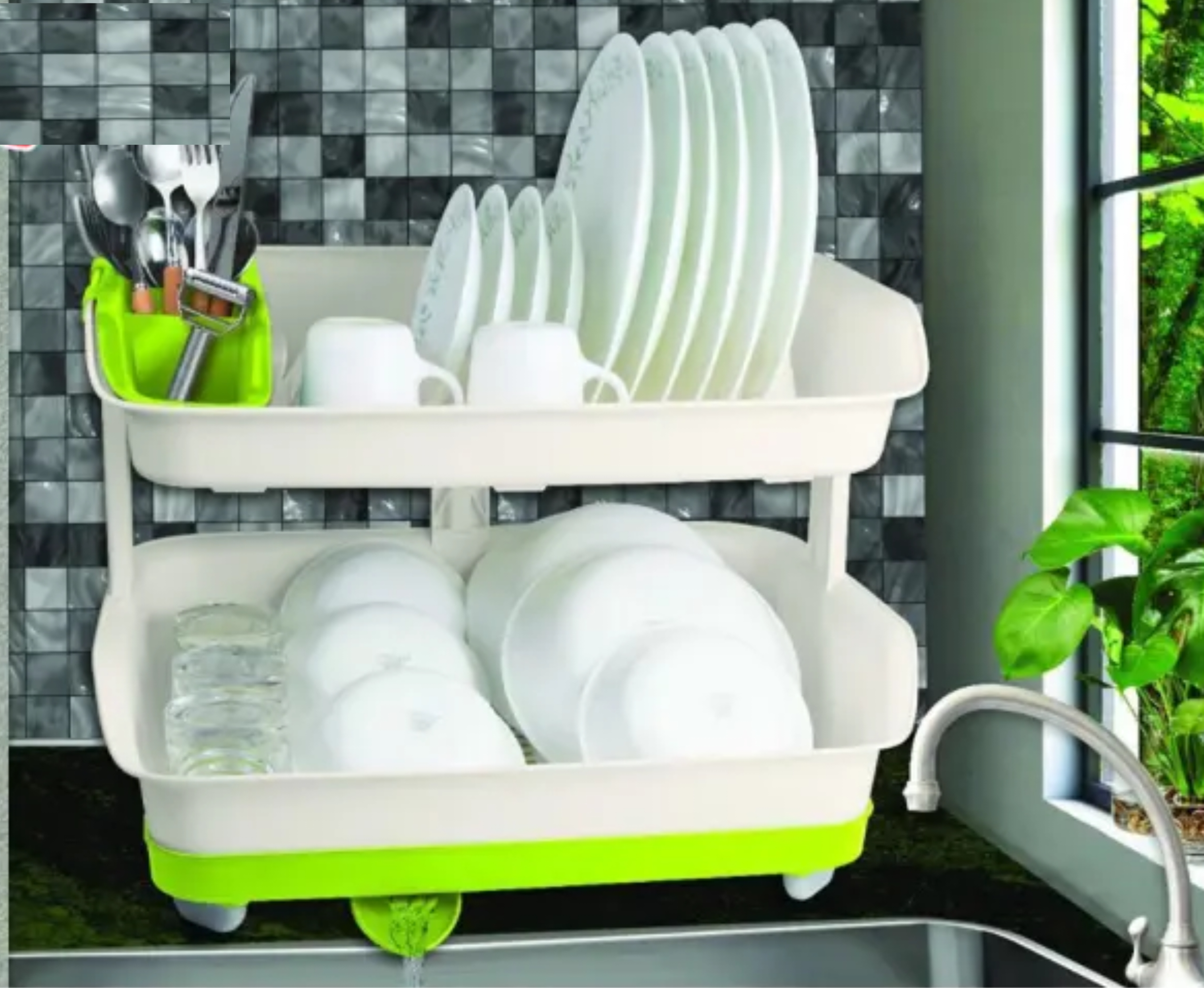 2 Tier Kitchen Dish Drying Rack with Drain Tray & Cutlery Holder