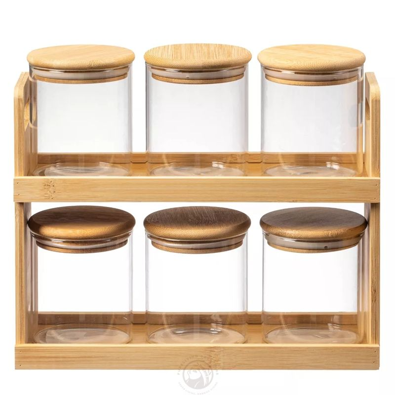 6-Piece Glass Spice Jar Set with Wooden Stand & Bamboo Lids