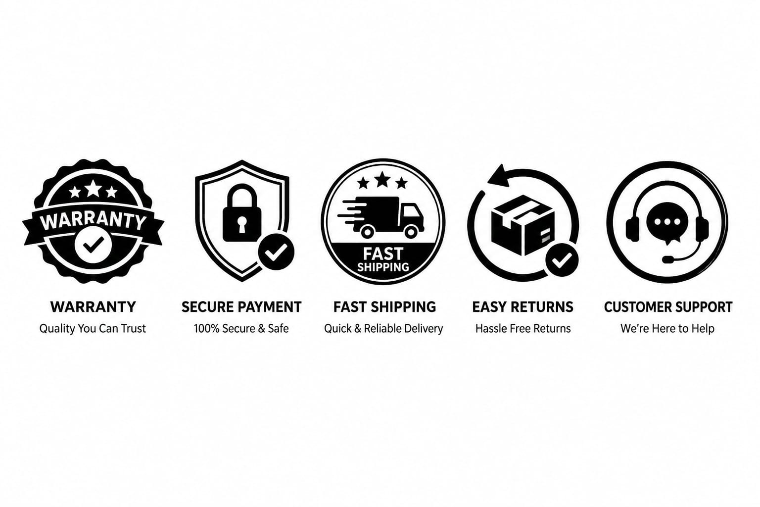 Service icons for warranty, secure payment, fast shipping, easy returns, and customer support.